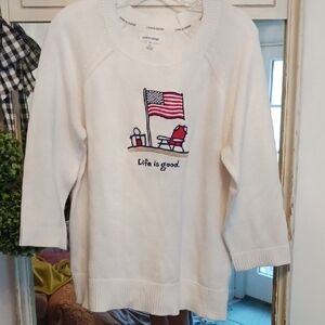 Life Is Good Cream Sweater with Flag & Beach Chair Graphic 🇺🇸⛱️ XL